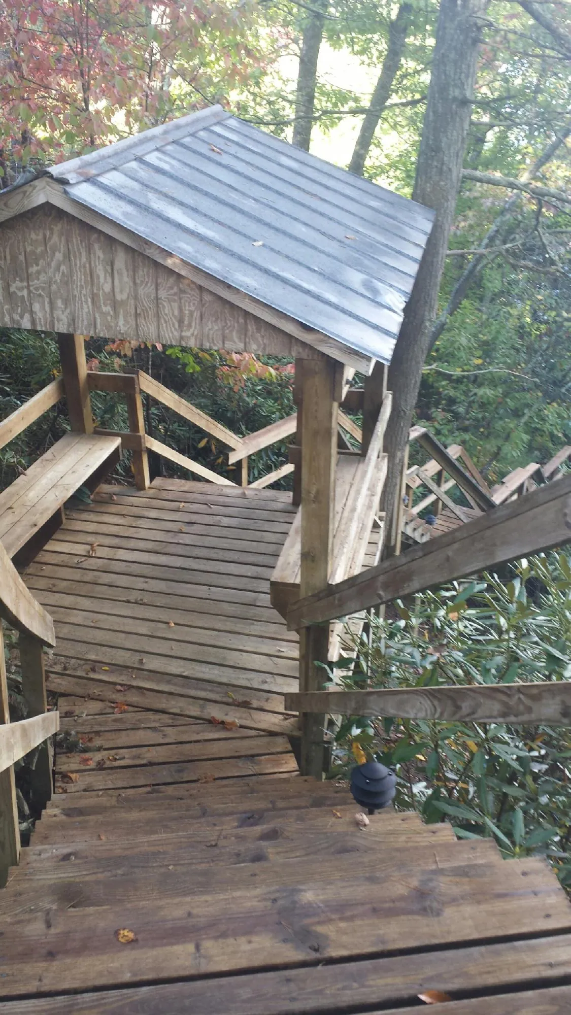 Metal roofed shelter over wooden steps on a wooded walkway — Skylight Repair & Installation work by our crew in Russia
